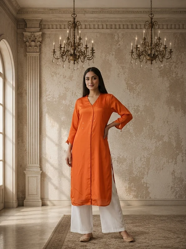Burnt Orange Rayon Solid Angrakha Kurta With Mid Slit M