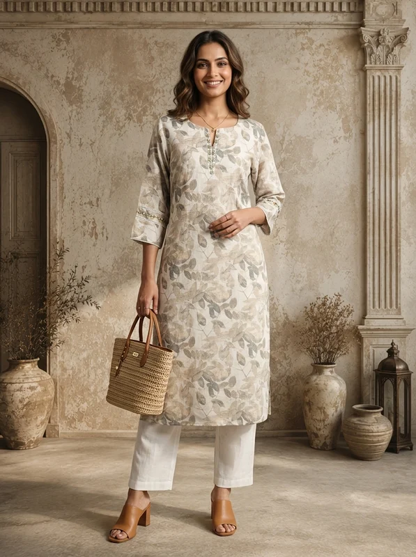 Grey Linen Botanical Leaf Printed Kurta L