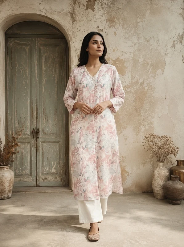 Baby Pink Linen Tropical Leaf And Botanical Printed Kurta 3XL
