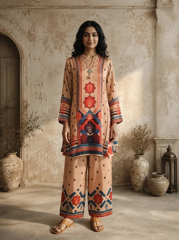 Brown Crepe Mughal Inspired Geometric Panel Printed Two Piece Set XXL