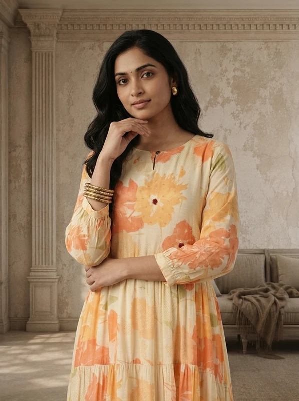 Cream Muslin Watercolor Floral Printed Dress M