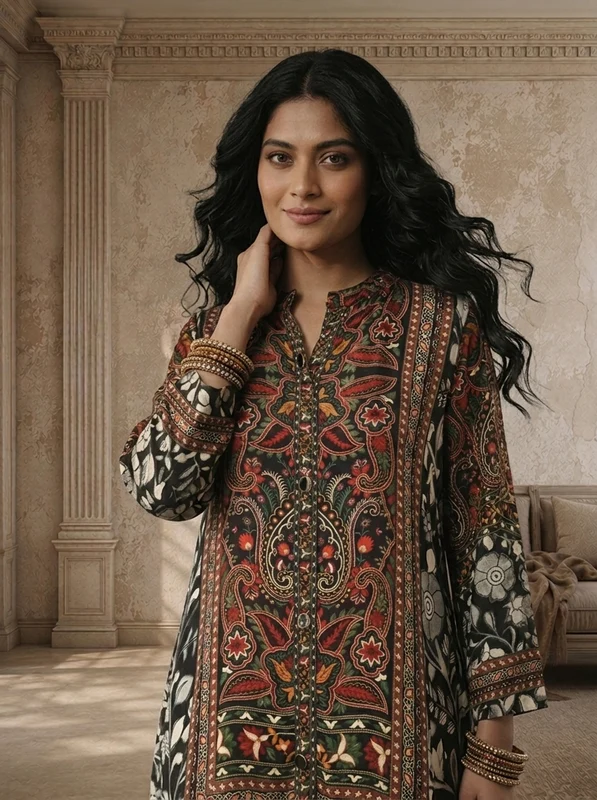Black Crepe Ethnic Jaal Printed Two Piece Set XXL