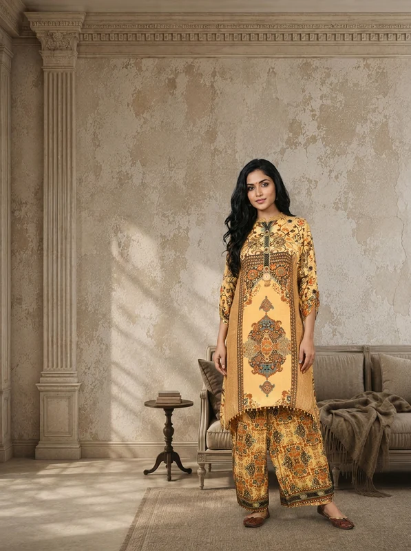 Yellow Crepe Persian Printed Two Piece Set L