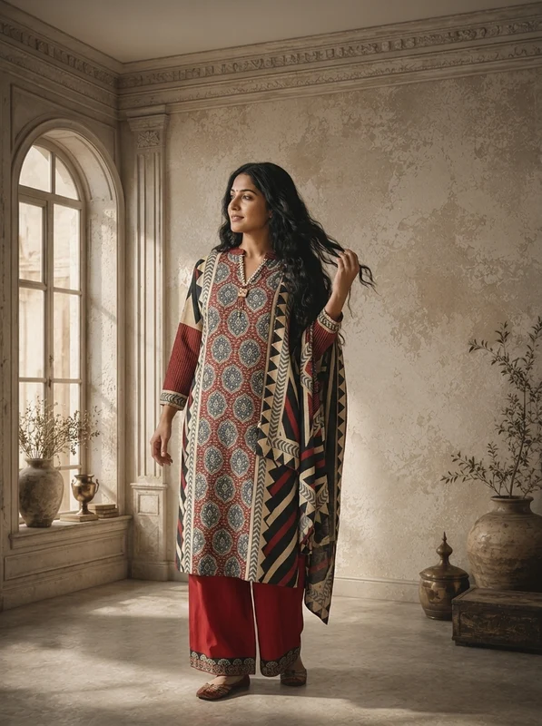 Maroon Modal Ajrakh Style Patchwork Printed Three Piece Set XL