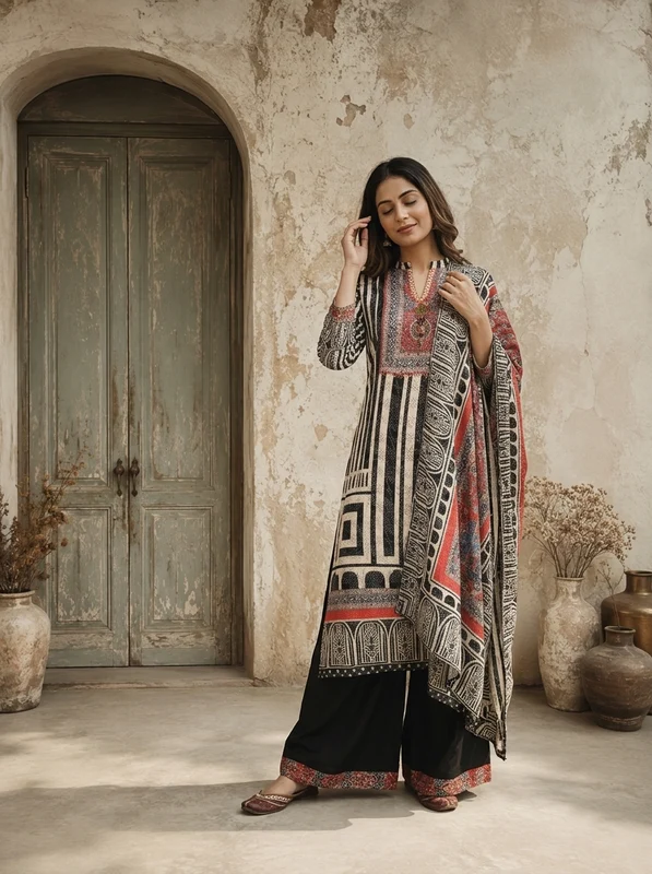 Black Crepe Geometric And Block Printed Three Piece Set M