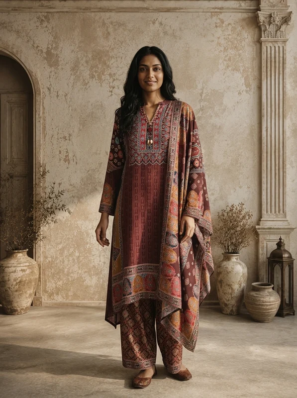 Wine Crepe Ajrakh Block Printed Three Piece Set XXL