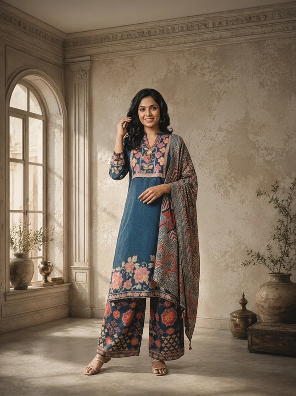 Teal Blue Crepe Floral And Ethnic Printed Three Piece Set L