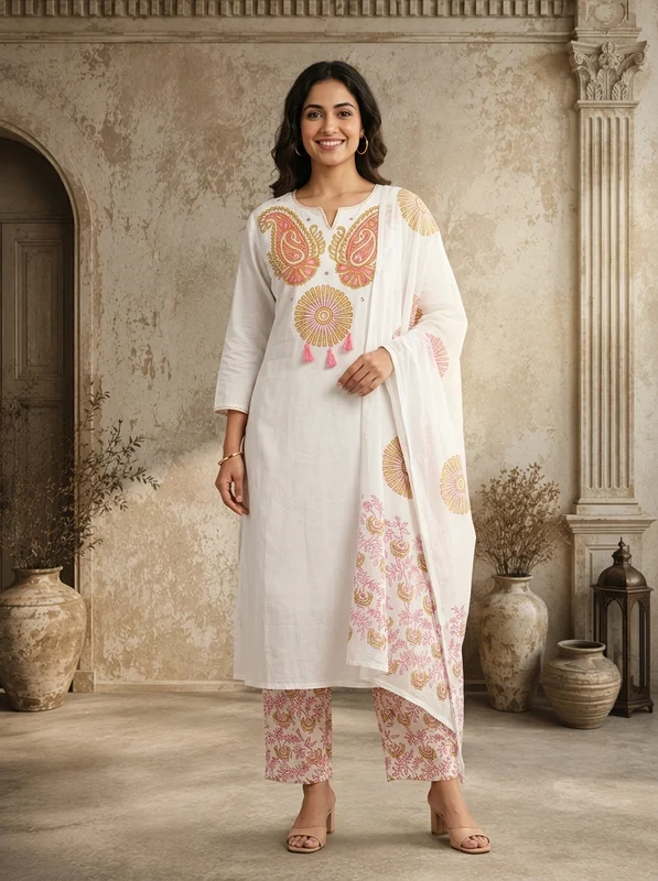 White Cotton Paisley Block Printed Three Piece Set XXL