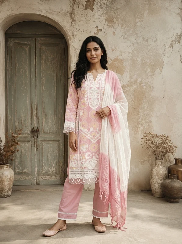 Baby Pink Cotton Vintage Mughal Boota Printed Three Piece Set L