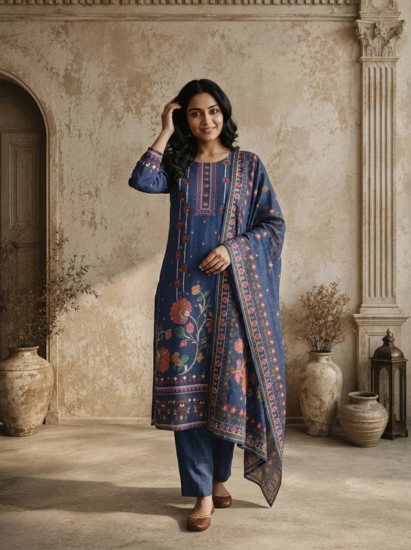 Navy Blue Cotton Vertical Floral Boota Printed Three Piece Set XL