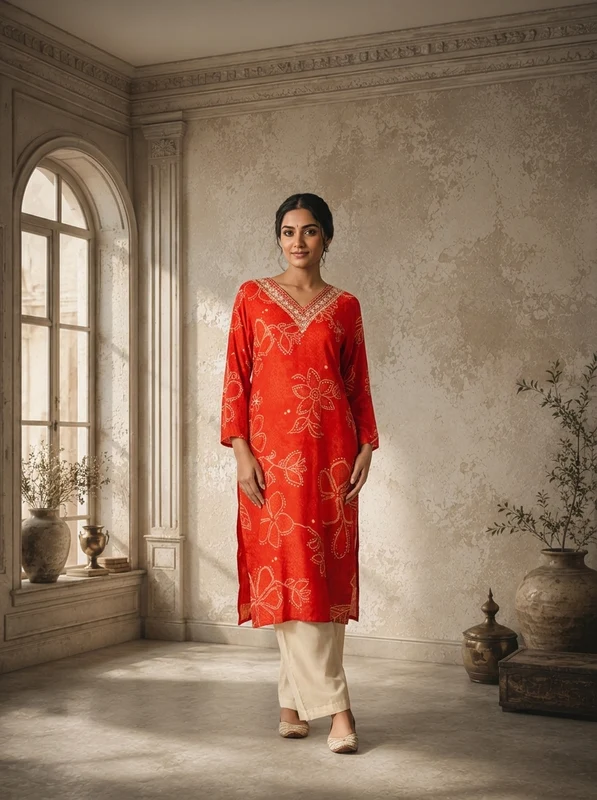Red Rayon Floral Dots Printed Kurta L
