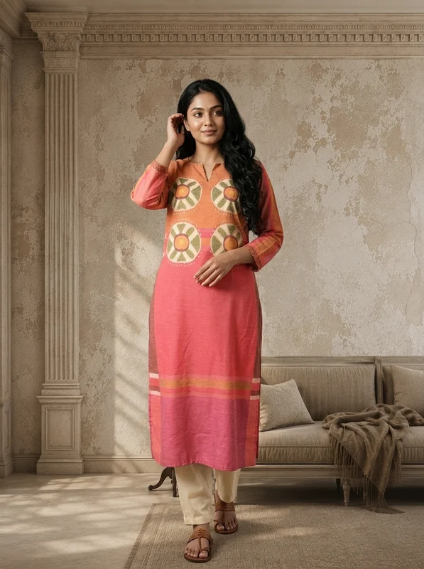 Pink Linen Mandala Bloom Printed Kurta M