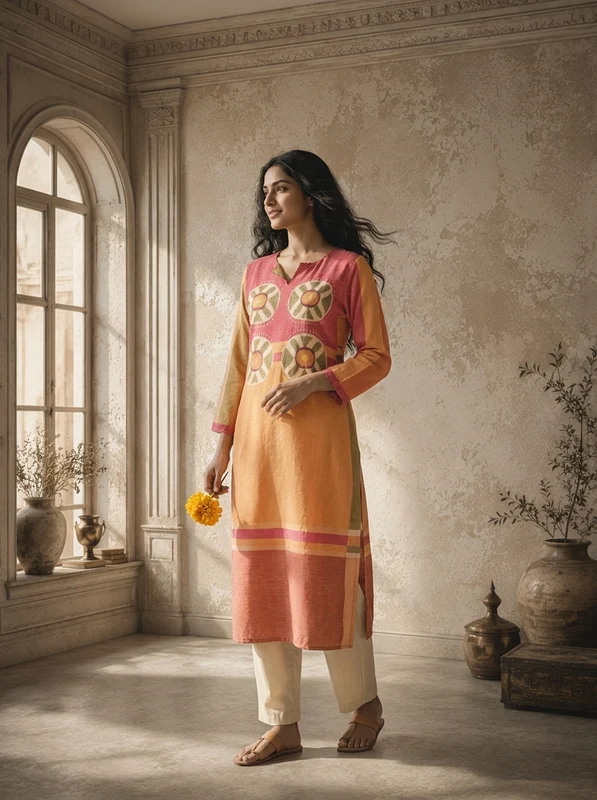 Mustard Linen Mandala Bloom Printed Kurta L