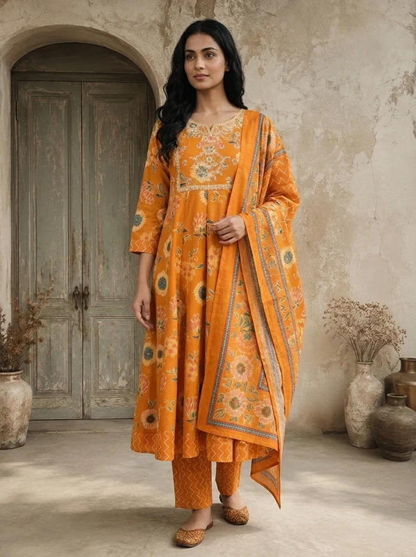 Mustard Rayon Sunflower Floral Printed Three Piece Set M
