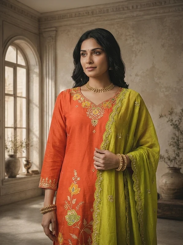 Burnt Orange Chanderi Lotus Jaal Embroidered Three Piece Set M