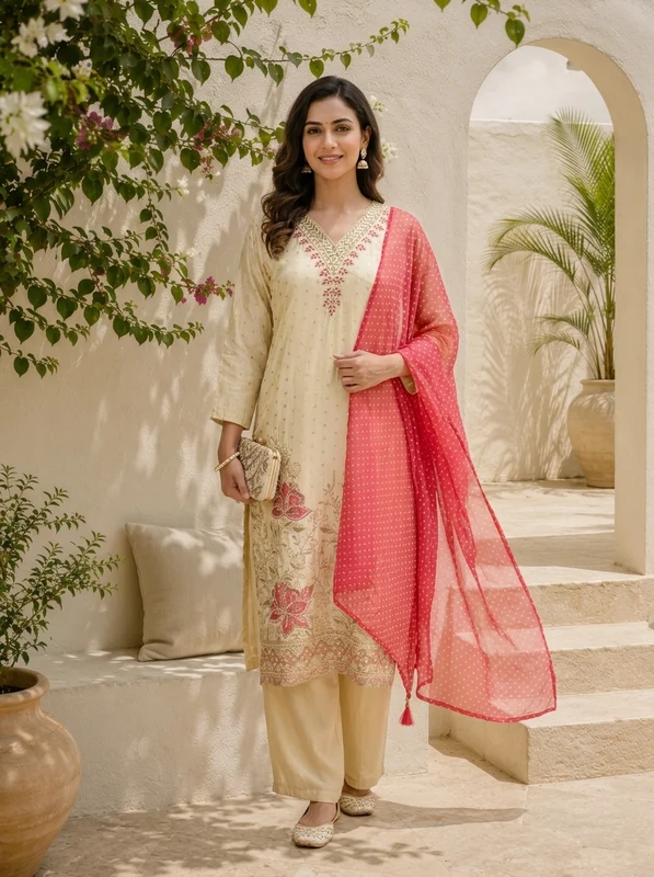 Rani Pink Tissue Floral Embroidered Three Piece Set XL