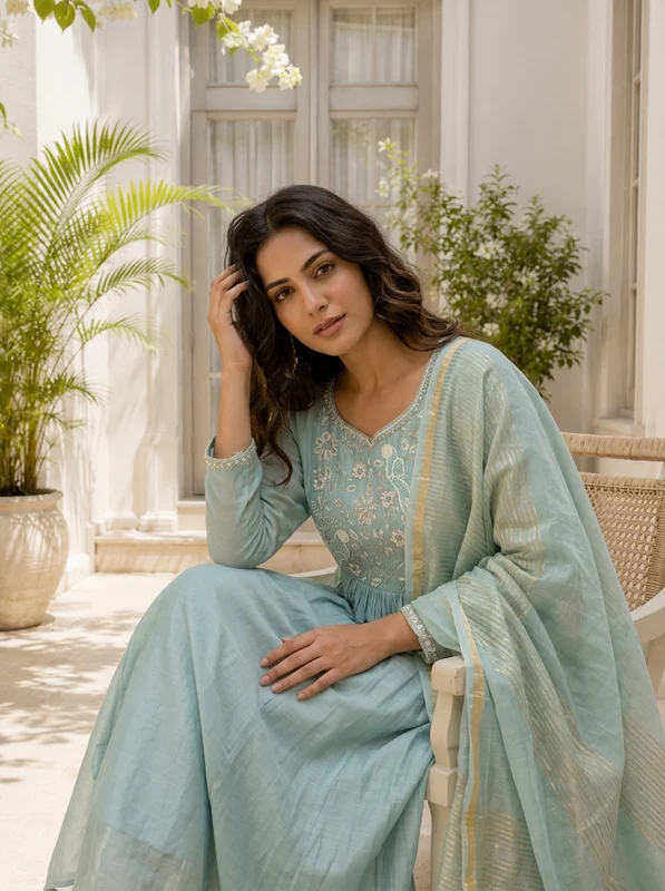 Sky Blue Muslin Bird Embroidered Three Piece Set M