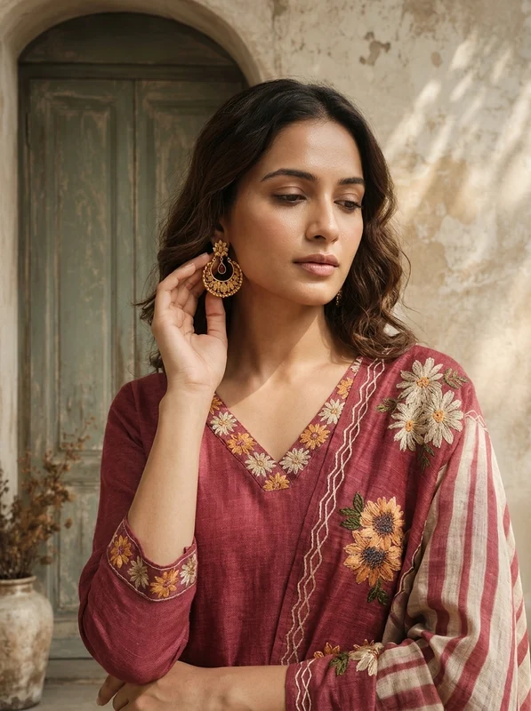 Onion Chanderi Floral Embroidered Three Piece Set XXL