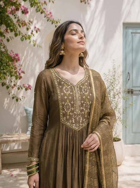 Olive Muslin Thread Embroidered Three Piece Set XXL