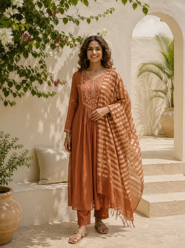 Brown Muslin Thread Embroidered Three Piece Set XL