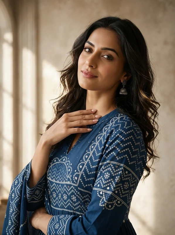 Blue Cotton Bandhej Printed Three Piece Set XL