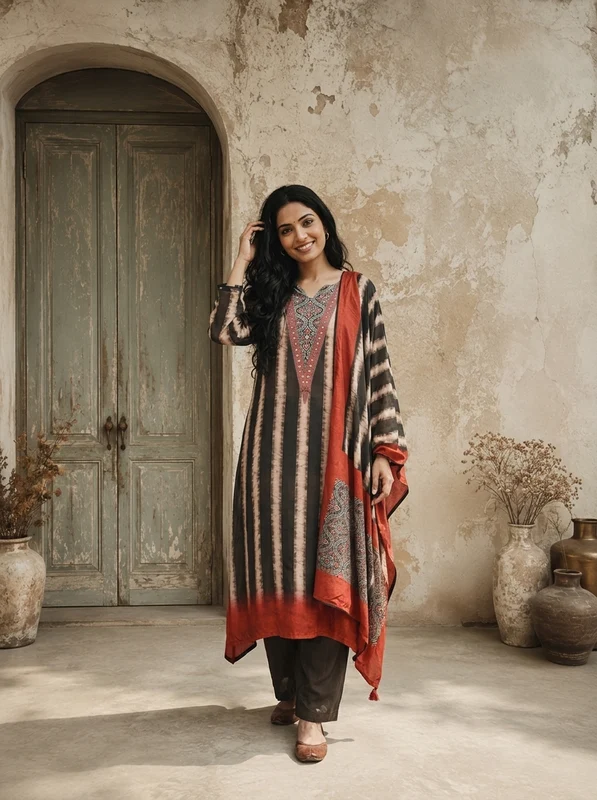 Black Rayon Vertical Shibori Tie-Dye Stripes Printed Three Piece Set L