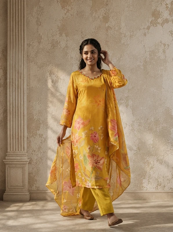 Mustard Crepe Floral Printed Three Piece Set M