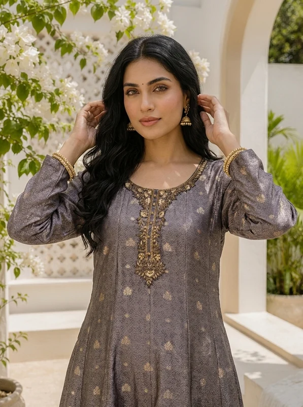 Lavender Silk All-Over Butti Jacquard Weaved Three Piece Set M