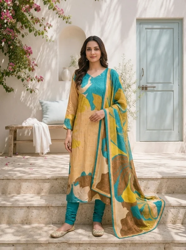 Ferozi Silk Abstract Leaf Printed Three Piece Set M
