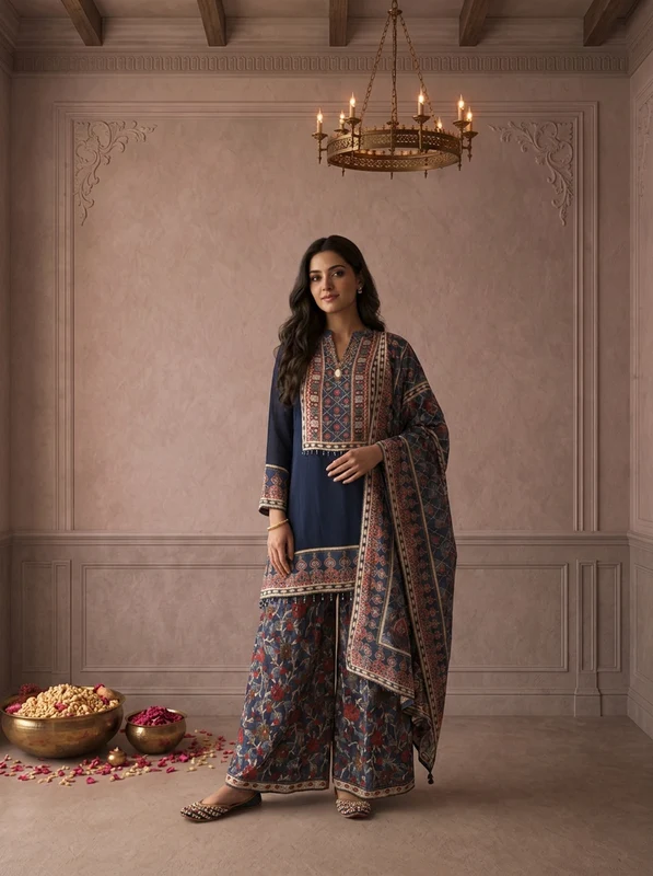 Navy Blue Georgette Floral Ajrakh Printed Three Piece Set L