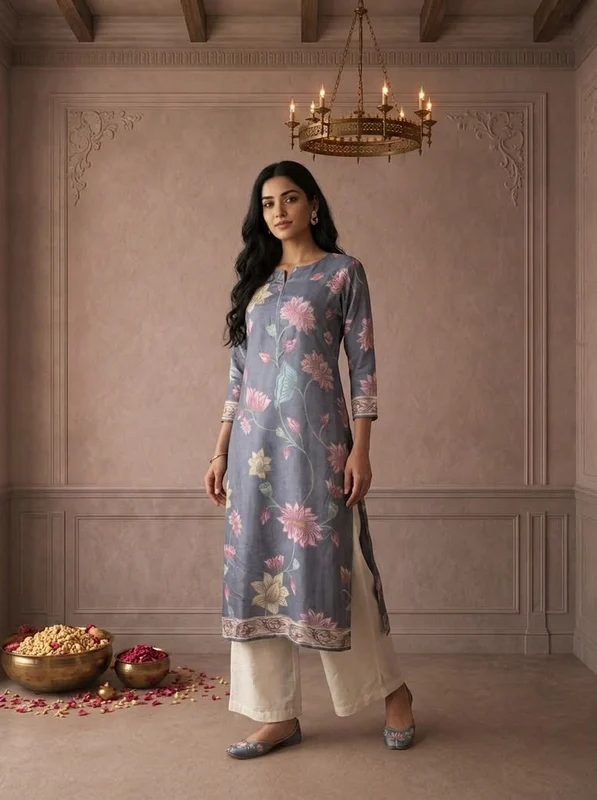 Grey Muslin Lotus Floral Printed Kurta XXL