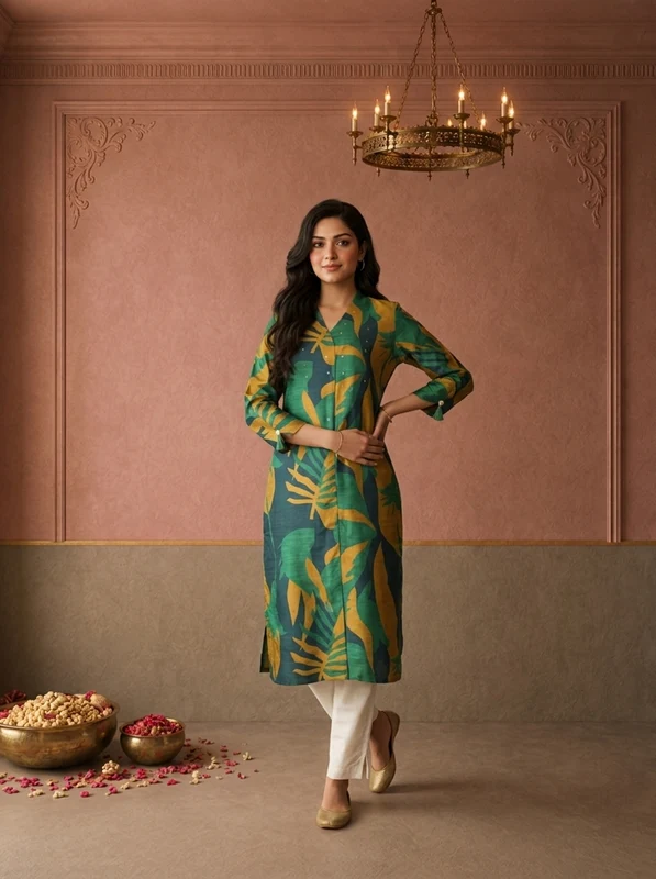 Green Muslin Tropical Leaf Printed Kurta XL
