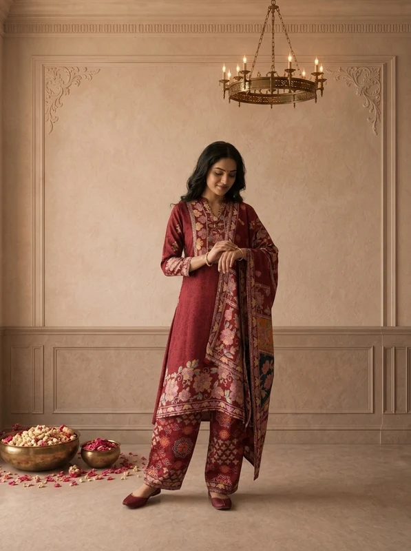 Burgundy Crepe Multicolor Ajrakh Floral Printed Three Piece Set XL