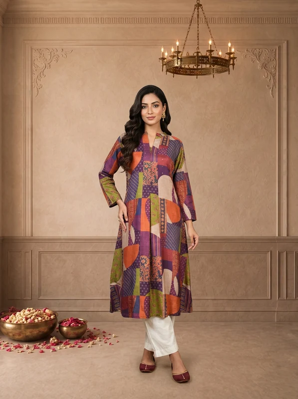Multicolor Muslin Abstract Patchwork Printed Kurta L