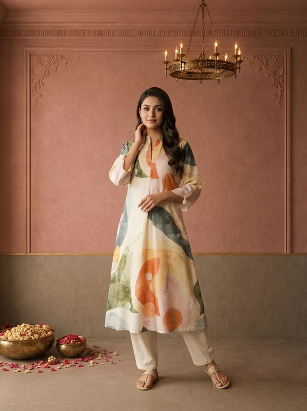Cream Muslin Abstract Watercolor Printed Kurta L