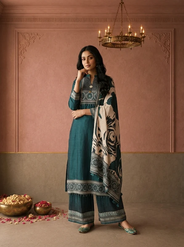Bottle Green Silk Ajrakh Geometric Printed Three Piece Set L