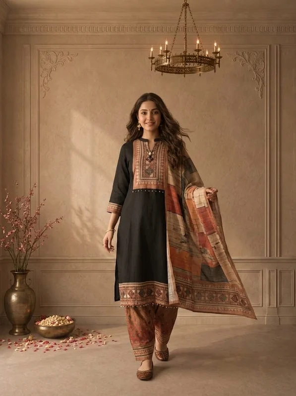 Black Silk Ethnic Patchwork Printed Three Piece Set XXL