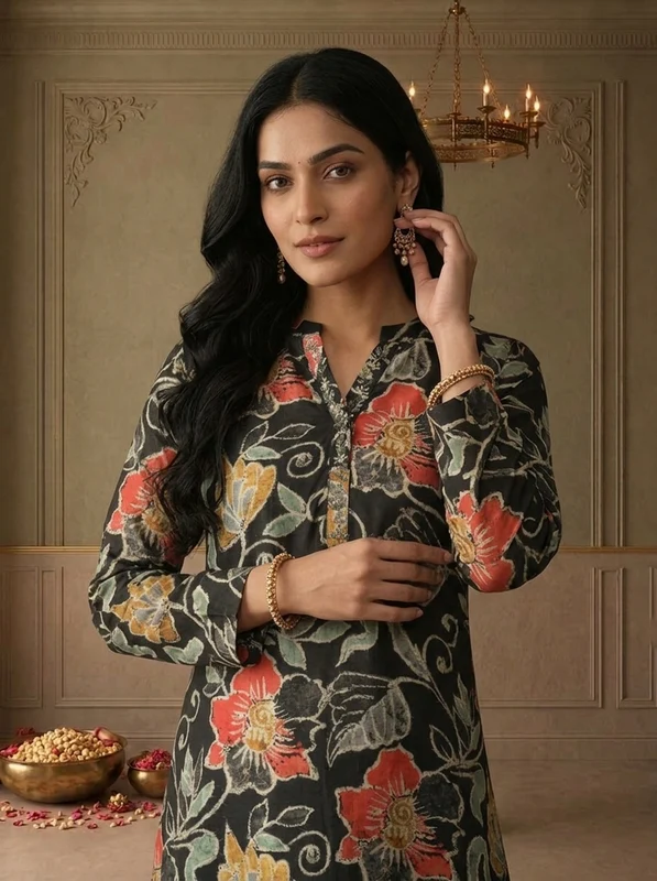 Black Silk Floral Batik Printed Kurta M