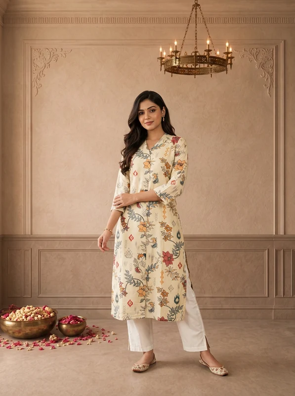 Cream Muslin Chintz Floral Vine Printed Kurta L