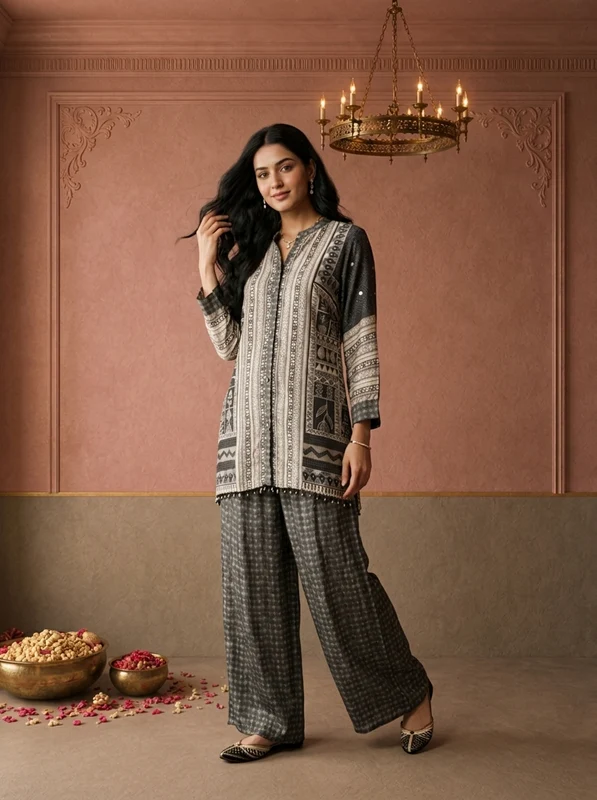 Grey Crepe Tribal Geometric Printed Two Piece Set L