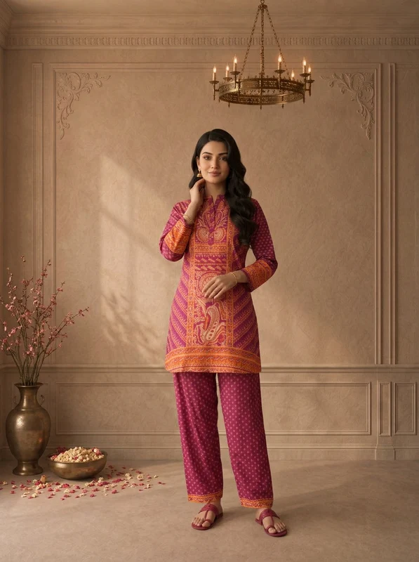 Magenta Muslin Ethnic Paisley Printed Two Piece Set M