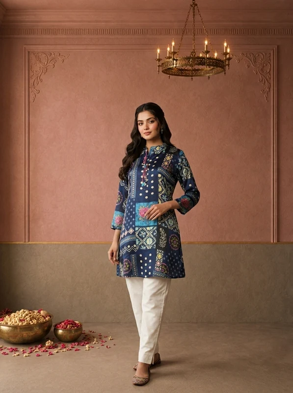 Navy Blue Crepe Polka Patchwork Printed Short Kurta XXL