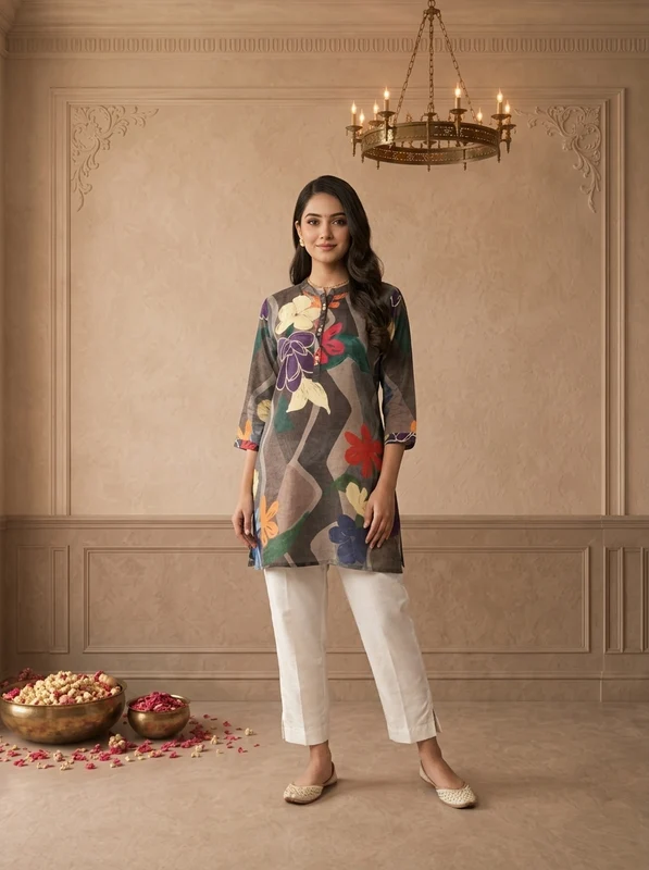 Grey Crepe Multicolour Abstract Floral Printed Short Kurta XXL