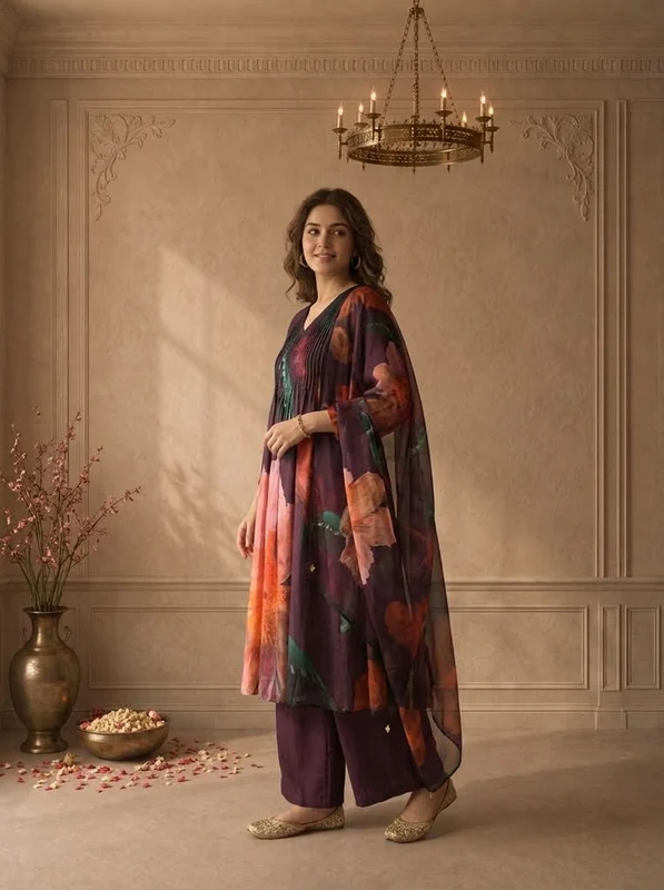Wine Muslin Watercolor Floral Printed Three Piece Set L