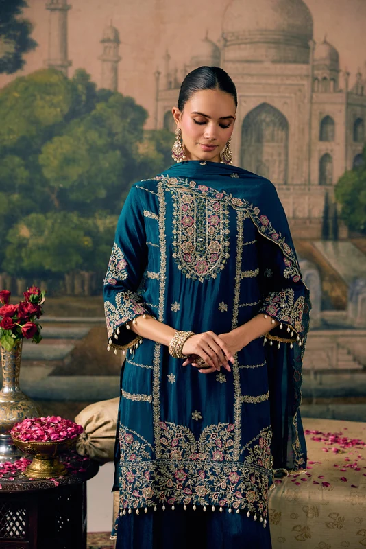 Teal Blue Chinon Zari Embroidered Three Piece Set M