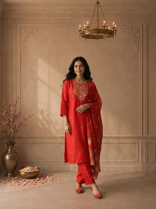 Red Silk Zari Embroidered Three Piece Set M