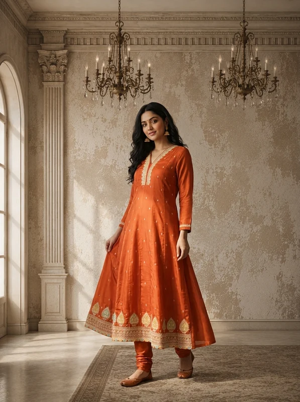 Burnt Orange Silk Zari Boota Embroidered Three Piece Set XXL
