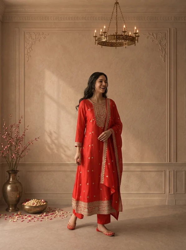 Red Silk Heavy Gold Zari Embroidered Three Piece Set M