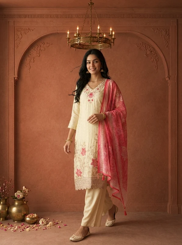 Rose Tissue Small Butis With Floral Embroidered Three Piece Set XXL
