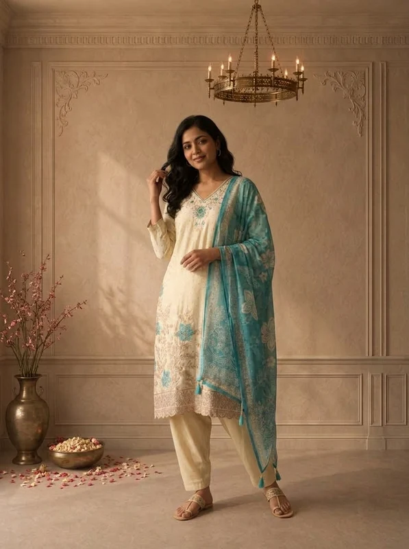Green Tissue Small Butis With Floral Embroidered Three Piece Set M